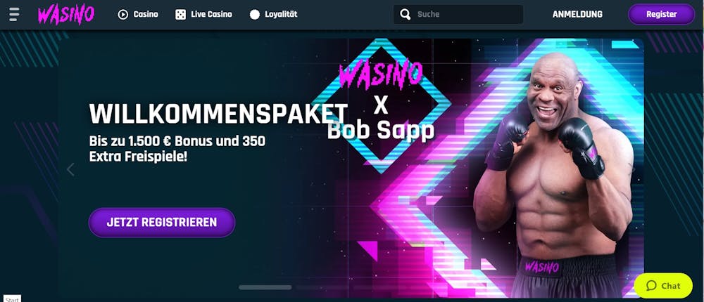 Die Homepage von Wasino Casino, mit einer Beschreibung über den Willkommensbonus von bis zu 1.500 € + 350 Freispiele