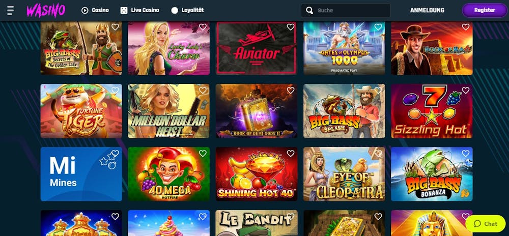 Eine Übersicht über die vielen verschiedenen Slots bei Wasino Casino, mit Titeln wie Big Bass Bonanza und Aviator