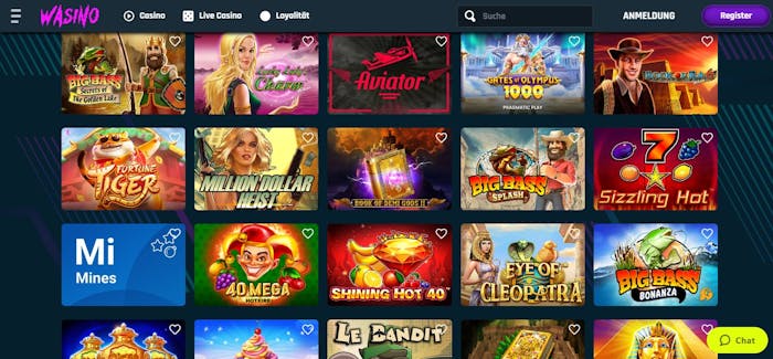 Eine Übersicht über die vielen verschiedenen Slots bei Wasino Casino, mit Titeln wie Big Bass Bonanza und Aviator