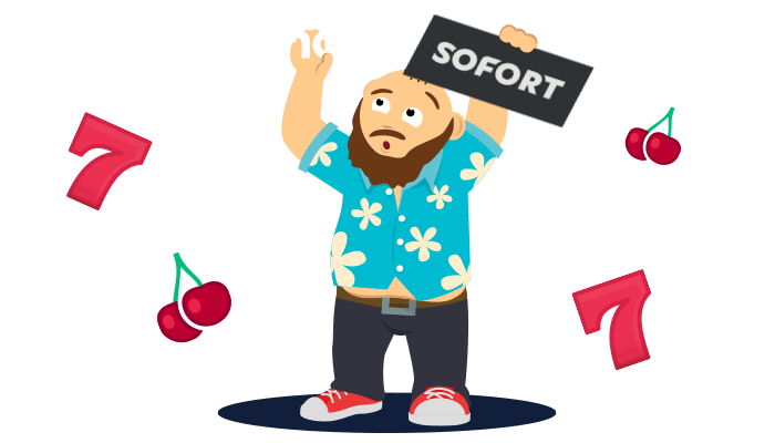 CasinoBernie mit Logos von Klarna und ähnlicher Zahlungsmethode in Händen umgeben von Kirschen und 7
