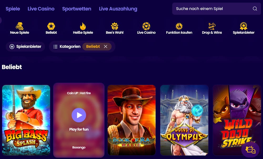 Wazbee Casino Spielauswahl