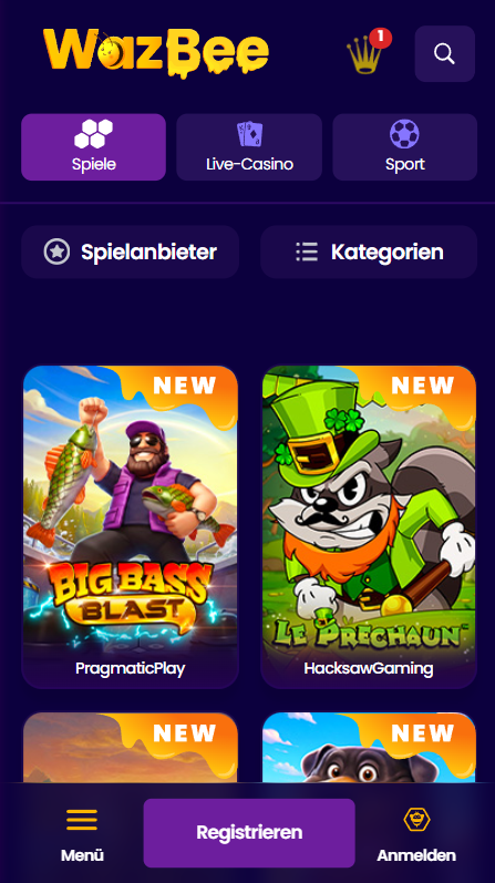 Spiellobby im Wazbee Casino zeigt Spiele wie Big Bass Blast neben Filter für Spielanbieter und Kategorien