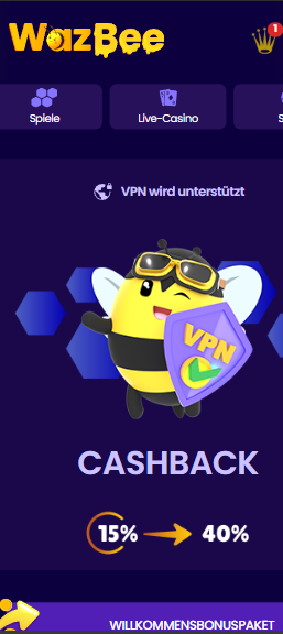 Startseite im Wazbee Casino zeigt Cashback und Spielkategorien