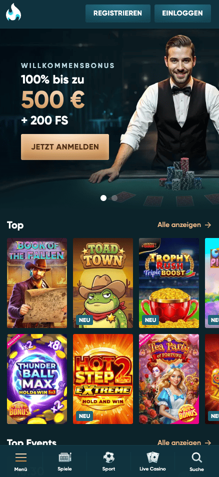 Startseite im Legendplay Casino zeigt Willkommensbonus und top Spiele