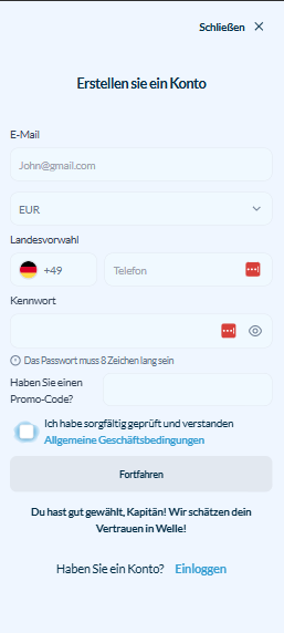 Anmeldeformular im Welle Casino
