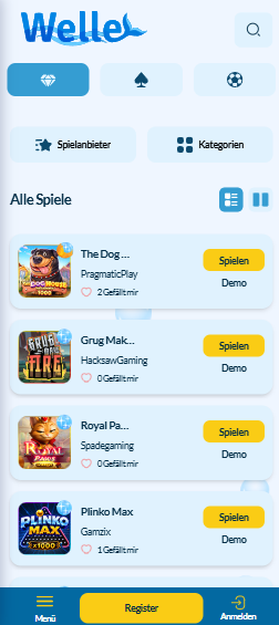 Spiellobby im Welle Casino zeigt Spiele wie The Dog House neben Filter für Spielanbieter und Kategorien