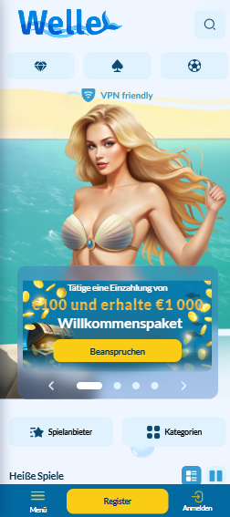 Startseite im Welle Casino zeigt Willkommenspaket und heiße Spiele