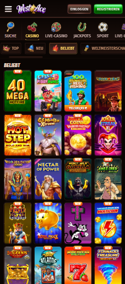 Spiellobby im Westace Casino zeigt beliebte Spiele wie 40 Mega Hotfire neben anderen Spielkategorien