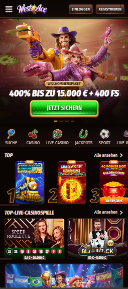 Startseite im Westace Casino zeigt Willkommenspaket und top Spiele