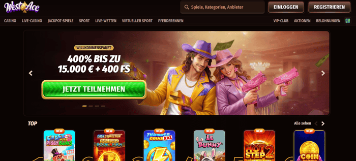 Westace Casino Screenshot mit der Startseite.