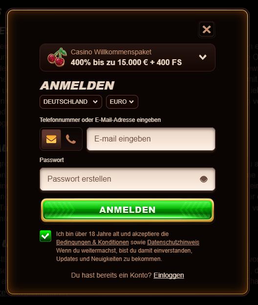 Westace Casino Screenshot mit der Anmeldeseite.