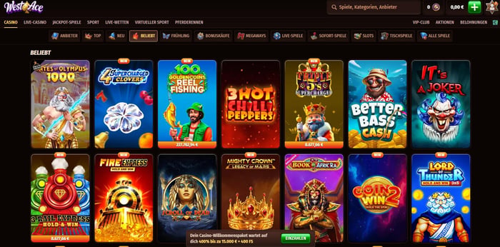 Westace Casino Screenshot mit der Spieleseite.