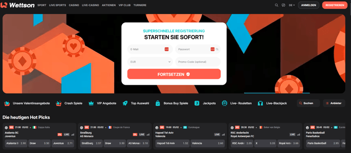 Wettson Casino Screenshot mit der Startseite, auf welcher der Willkommensbonus angezeigt wird.