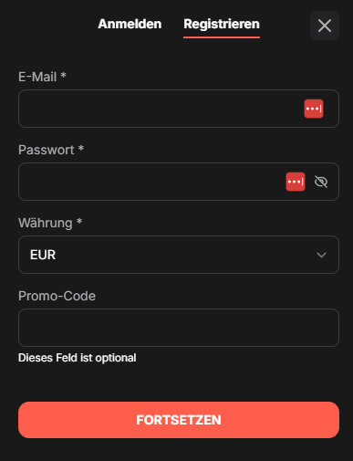 Wettson Casino Screenshot mit der Anmeldeseite, auf welcher die Daten eingegeben werden.