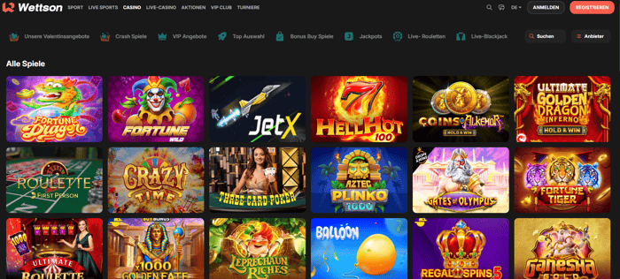 Wettson Casino Screenshot mit der Slot Seite.