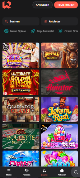 Spiellobby im Wettson Casino zeigt Spiele wie Aviator neben Suchleiste und Anbieterfilter