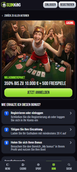 Slimking Screenshot mit dem Willkommensbonus.