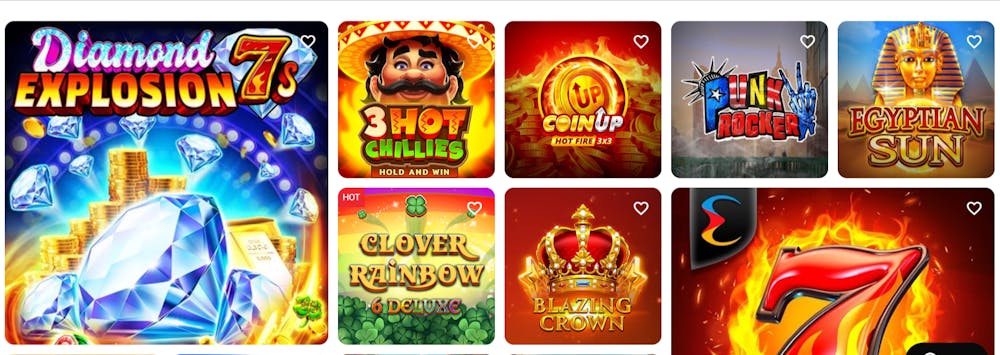 Die Slotansicht von Wikiluck Casino mit Titeln wie Diamond Explosion 7, Coin up und Egyptian Sun