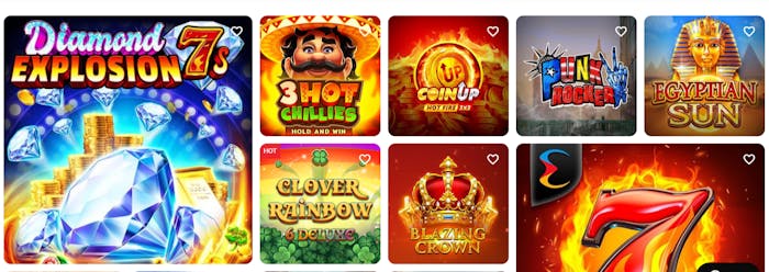 Die Slotansicht von Wikiluck Casino mit Titeln wie Diamond Explosion 7, Coin up und Egyptian Sun