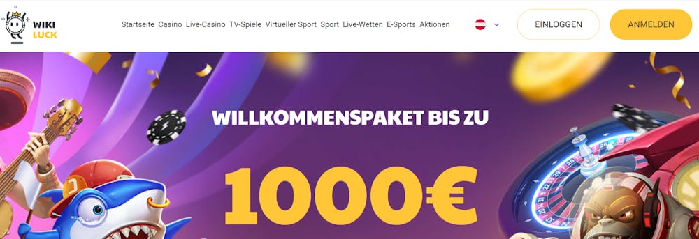 Übersicht der Homepag von Wikiluck Casino, oben dsa Menü mit den Punkten Einloggen und Anmelden , unten der Willkommensbonus von bis zu 1000€