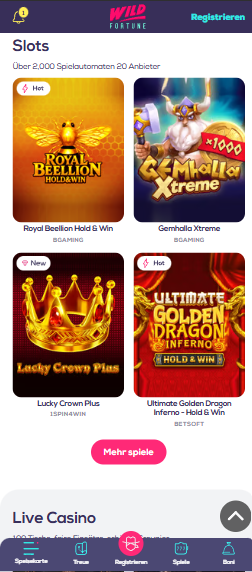 Wild Fortune Spielauswahl zeigt Slots wie Lucky Crown Plus