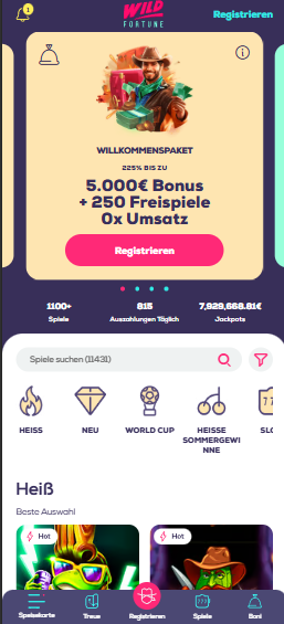 Wild Fortune Startseite zeigt Willkommenspaket und heiße Spiele