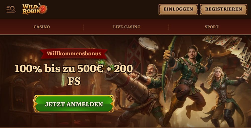 Die Homepage des Wild Robin Casino mit schneller Auszahlung