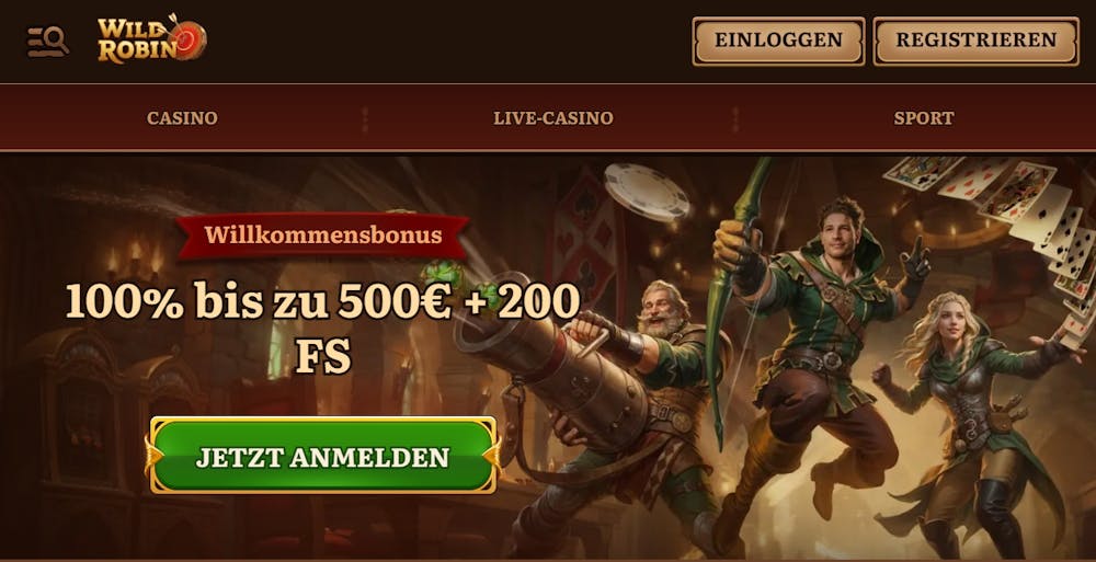 Startseite im Wild Robin Casino zeigt Willkommensbonus neben Casino Kategorien und Anmeldebutton