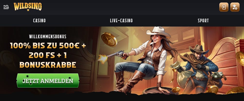 Der WIllkommensbonus von Wildsino Casino von 100% bis zu 500 € + 200 Freispielen + 1 Bonus Krabbe