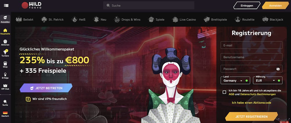 Startseite des Wild Tokyo Casinos