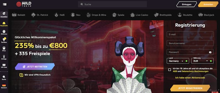 Startseite des Wild Tokyo Casinos