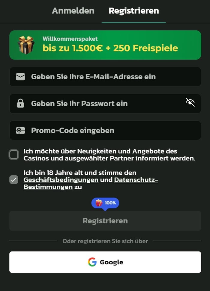 Anmeldeformular im Winbeatz Casino