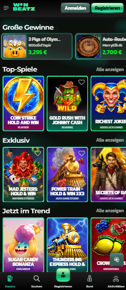 Spiellobby im Winbeatz Casino zeigt top Spiele wie Big Bass Splash
