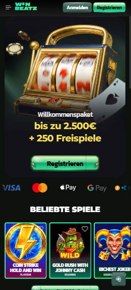 Startseite im Winbeatz Casino zeigt Willkommenspaket