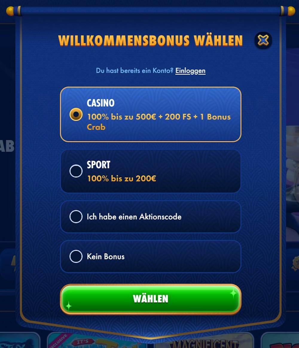 Wingaga Casino Anmeldeformular mit Auswahl von Casinobonus, Sportbonus, Aktionscode oder keinem Bonus