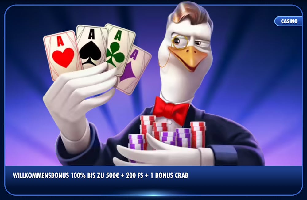 Wingaga Casino Willkommensbonus von 100 Prozent bis zu 500 Euro und 200 Freispielen und eine Bonus Crab