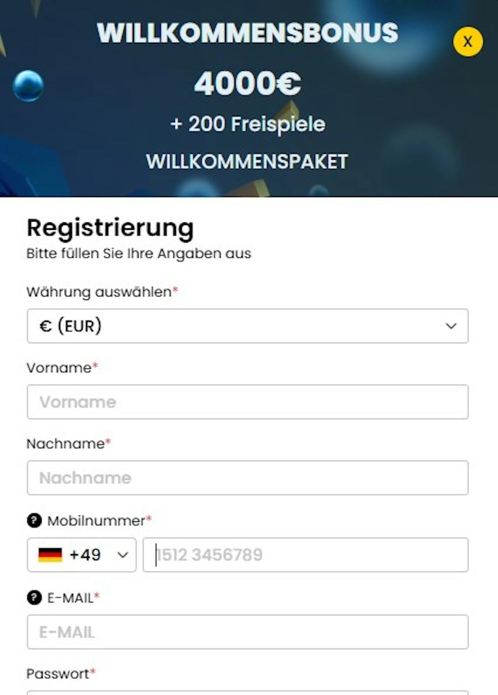 Das Registrierungsformular von Win it Bet Casino