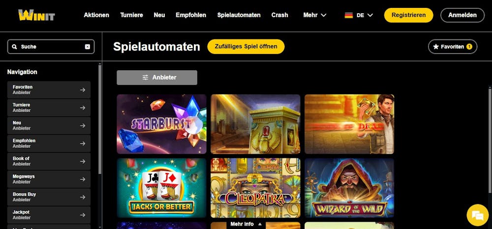 Die Übersicht über verschiedene Slots bei Win it Bet Casino mit Titeln wie Wizard of the Wild und Starburst