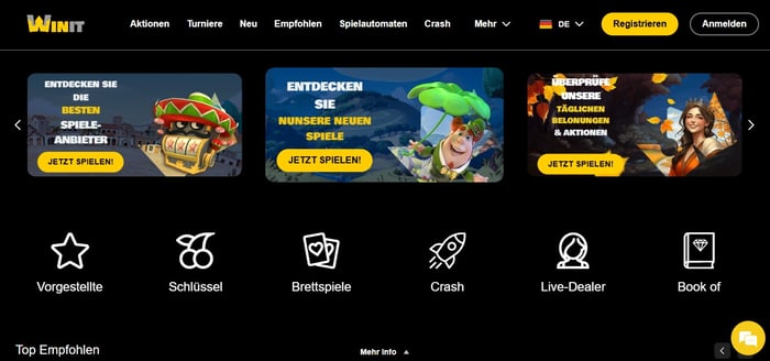 Die Homepage von Win it Bet Casino mit den verschiedenen Kategorien