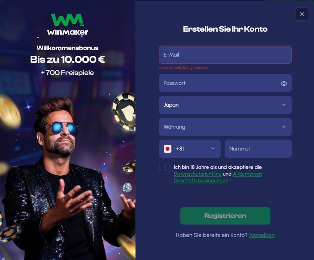 Die Anmeldemaske bei Winmaker Casino