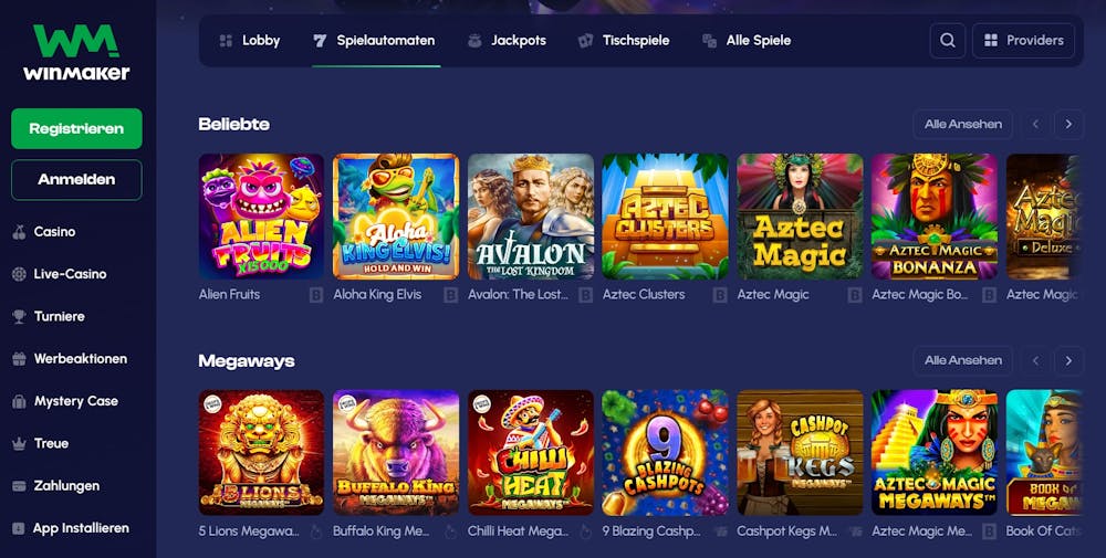 Die Slotauswahl bei Winmaker Casino mit vielen verschiedenen Titeln