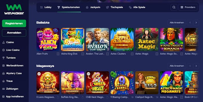 Die Slotauswahl bei Winmaker Casino mit vielen verschiedenen Titeln