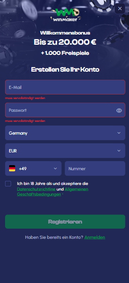 Die Anmeldemaske bei Winmaker Casino