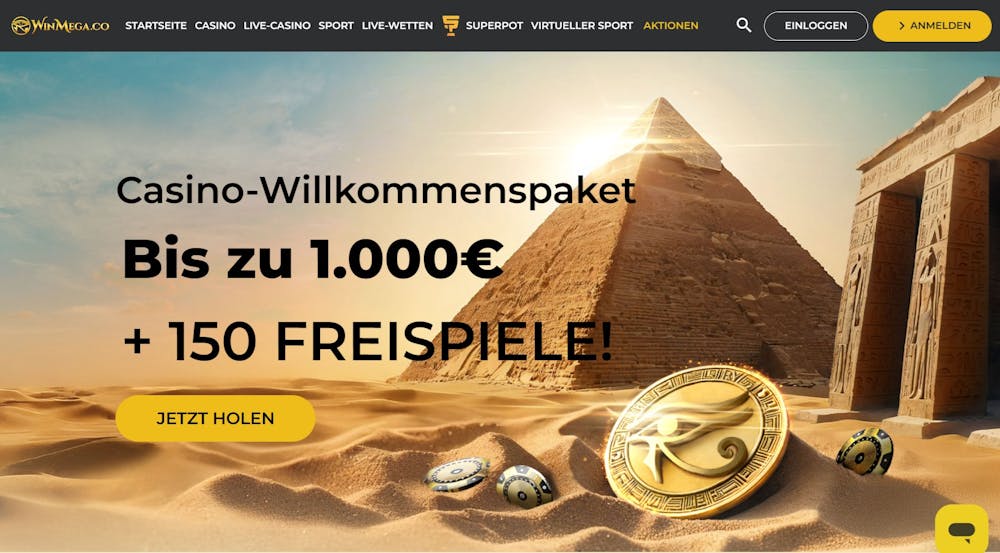 Startseite des Win Mega Casinos zeigt Willkommenspaket und Casino Bereiche