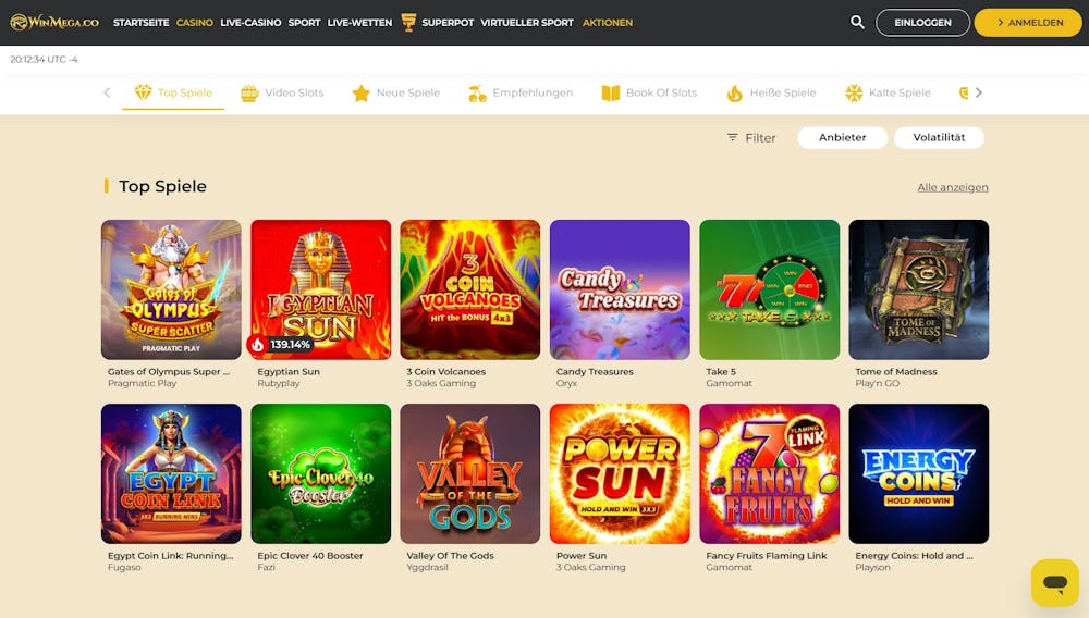 Win Mega Casino Spiellobby zeigt top Spiele wie Gates of Olympus neben anderen Spielkategorien