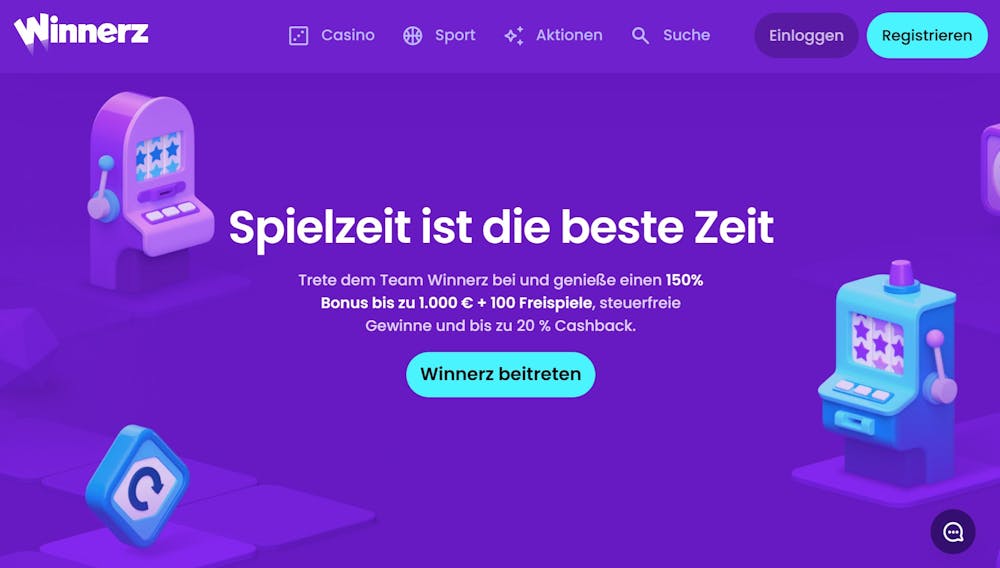 Startseite im Winnerz Casino zeigt Werbebanner mit Willkommensbonusangebot