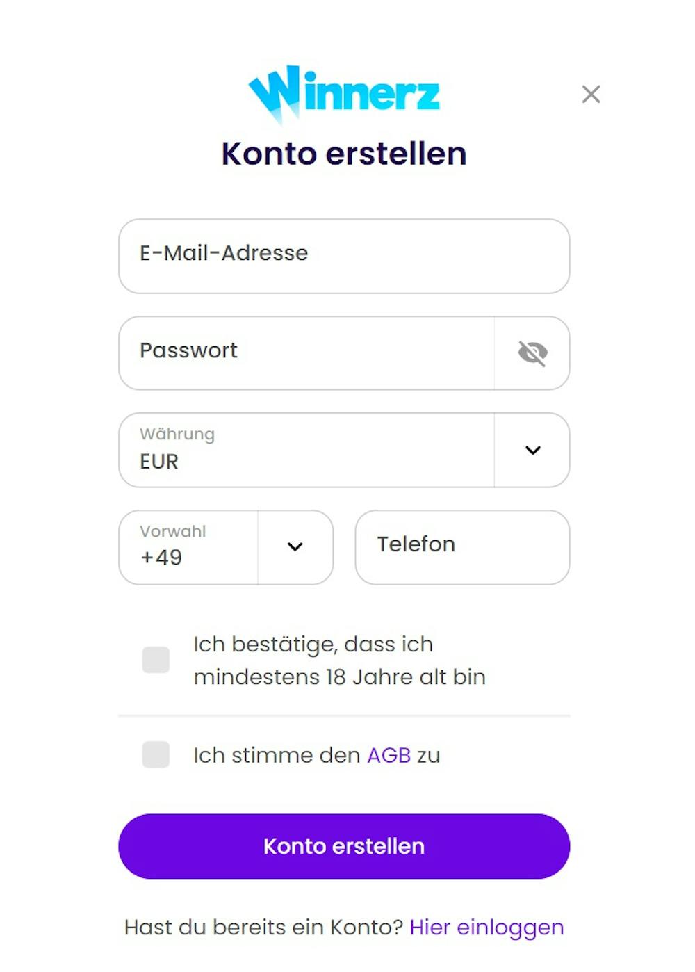Anmeldeformular im Winnerz Casino