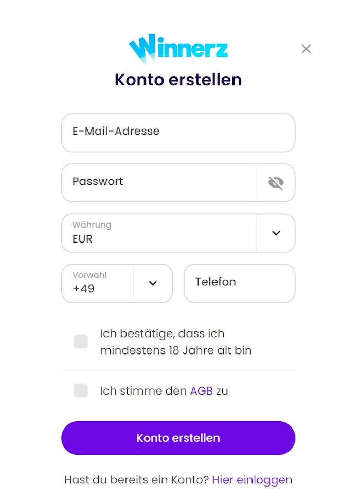 Anmeldeformular im Winnerz Casino