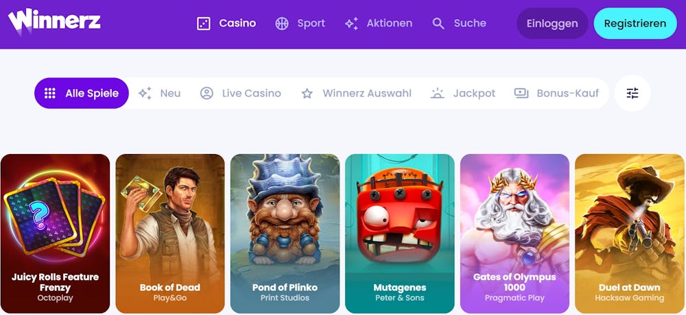 Spiellobby im Winnerz Casino zeigt Spiele wie Book of Dead neben anderen Spielkategorien