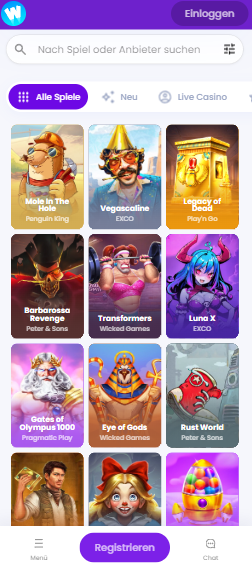 Spiellobby im Winnerz Casino zeigt Spiele wie Book of Dead neben anderen Spielkategorien